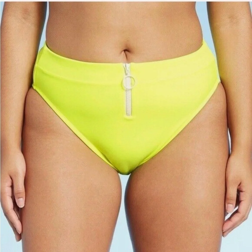 Neon Yellow High Waisted Bikini Bottoms with Zipper Size Large